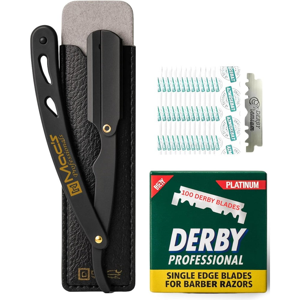 Macs Professional straight razor front view with matte black handle