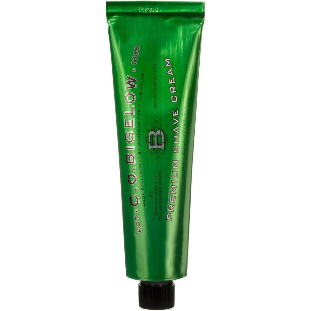 C.O. Bigelow Premium Shaving Cream 5.2 Ounce front view of the metal tube showing brand branding.
