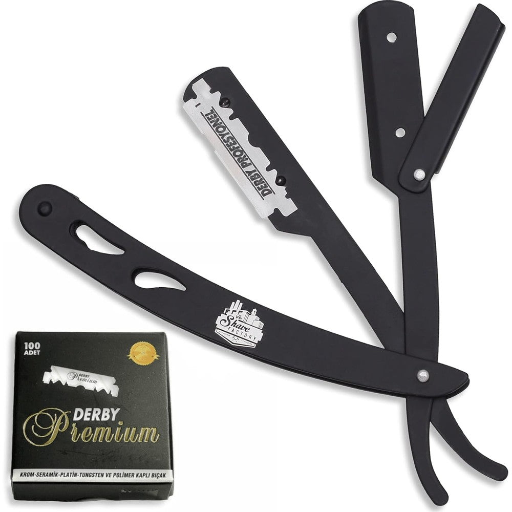 The Shave Factory Straight Edge Razor Kit matte black handle front view