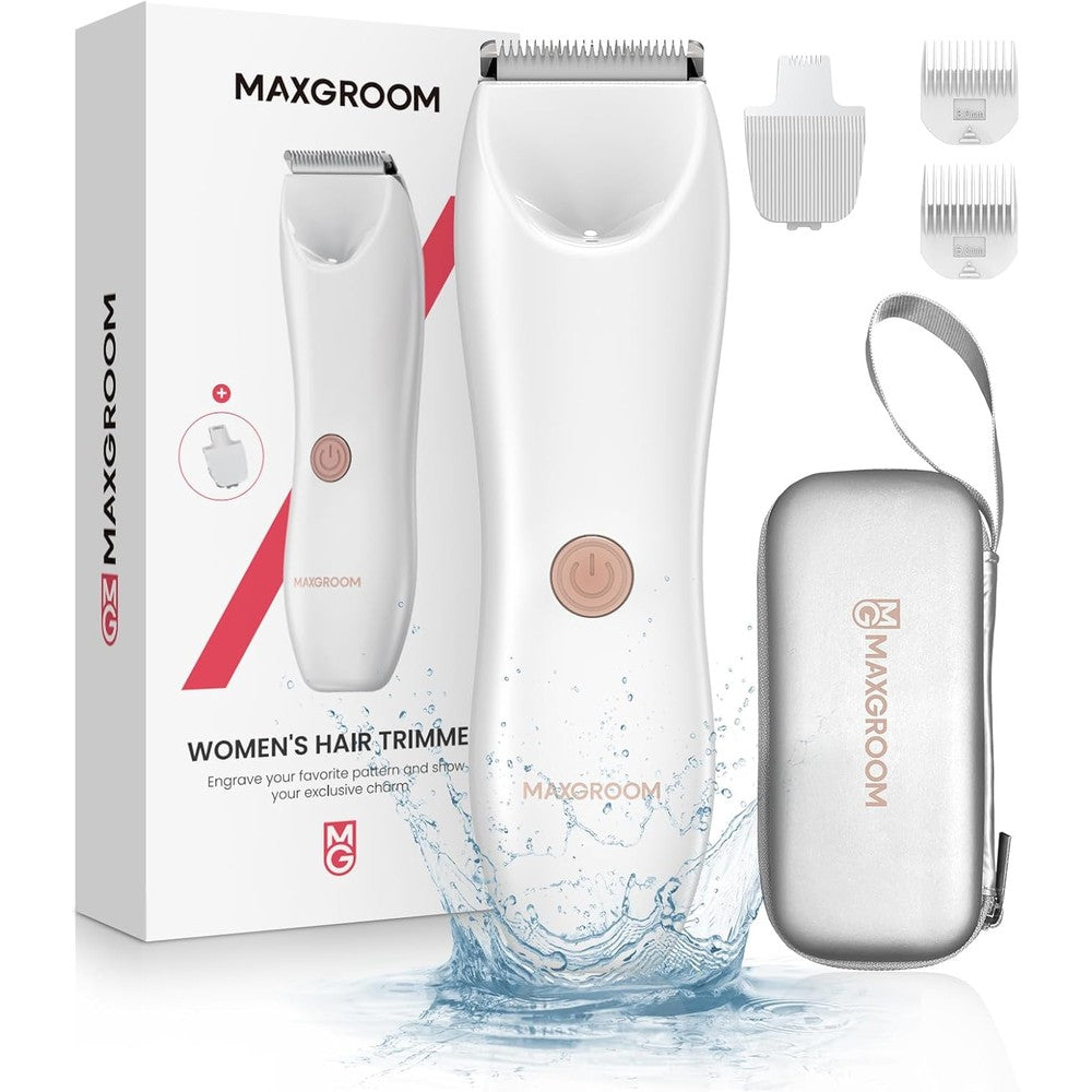Heyfeel women's electric hair trimmer front view showing sleek white body and rose gold power button