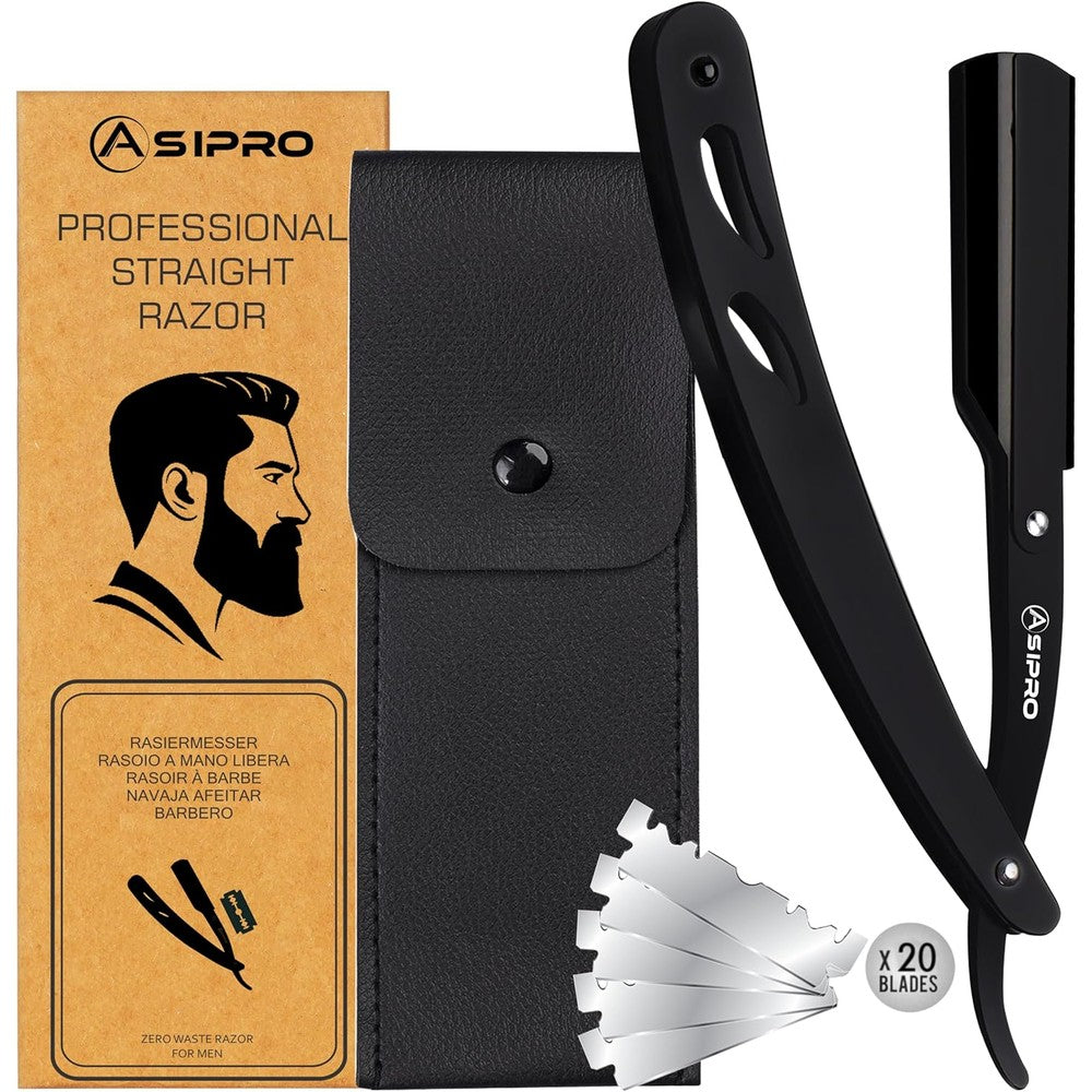 Asipro Straight Razor For Men With 20 Stainless Steel Replacement Blades And Protective Leather Case Professional Barber Shaving Tool - Image 1
