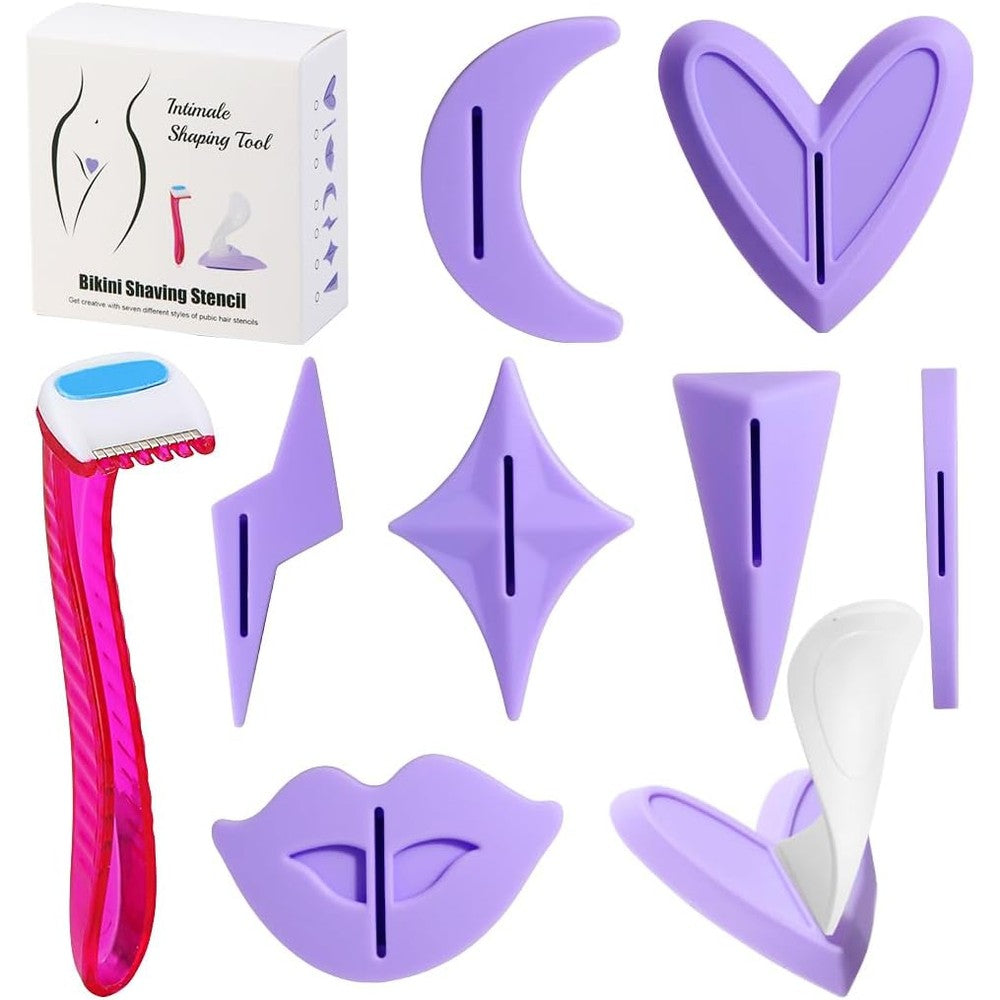 KDIMSY pubic hair stencils box front view showing seven silicone shapes