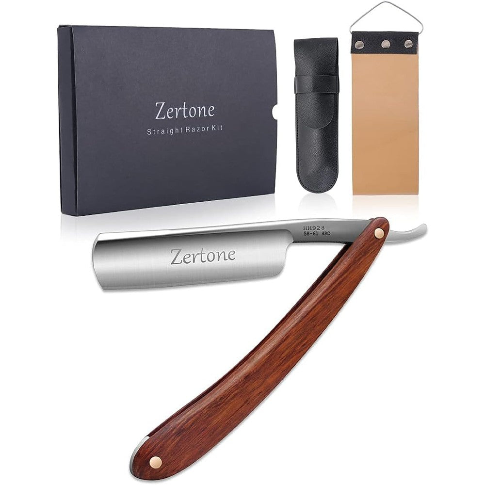 Zertone straight razor kit with wooden handle and strop