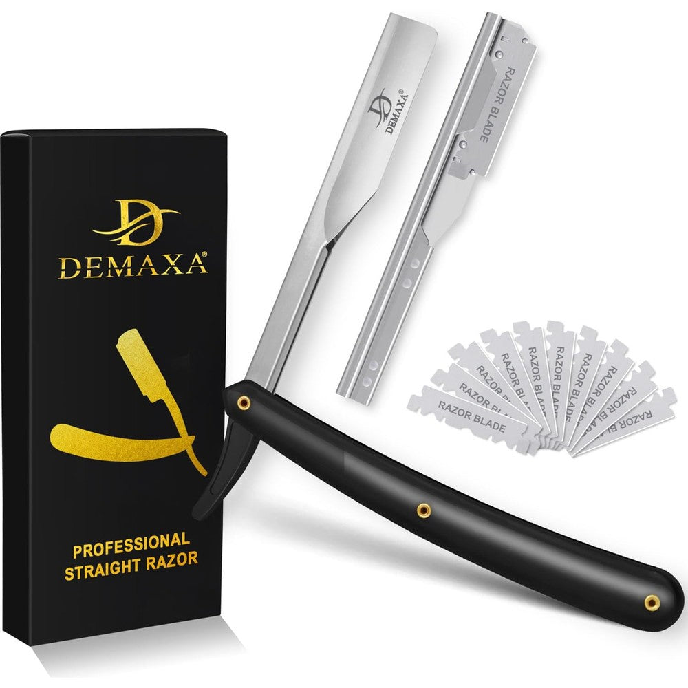 Demaxa professional shavette straight razor front view in black