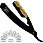 Black Widow professional straight razor front view in matte black and gold