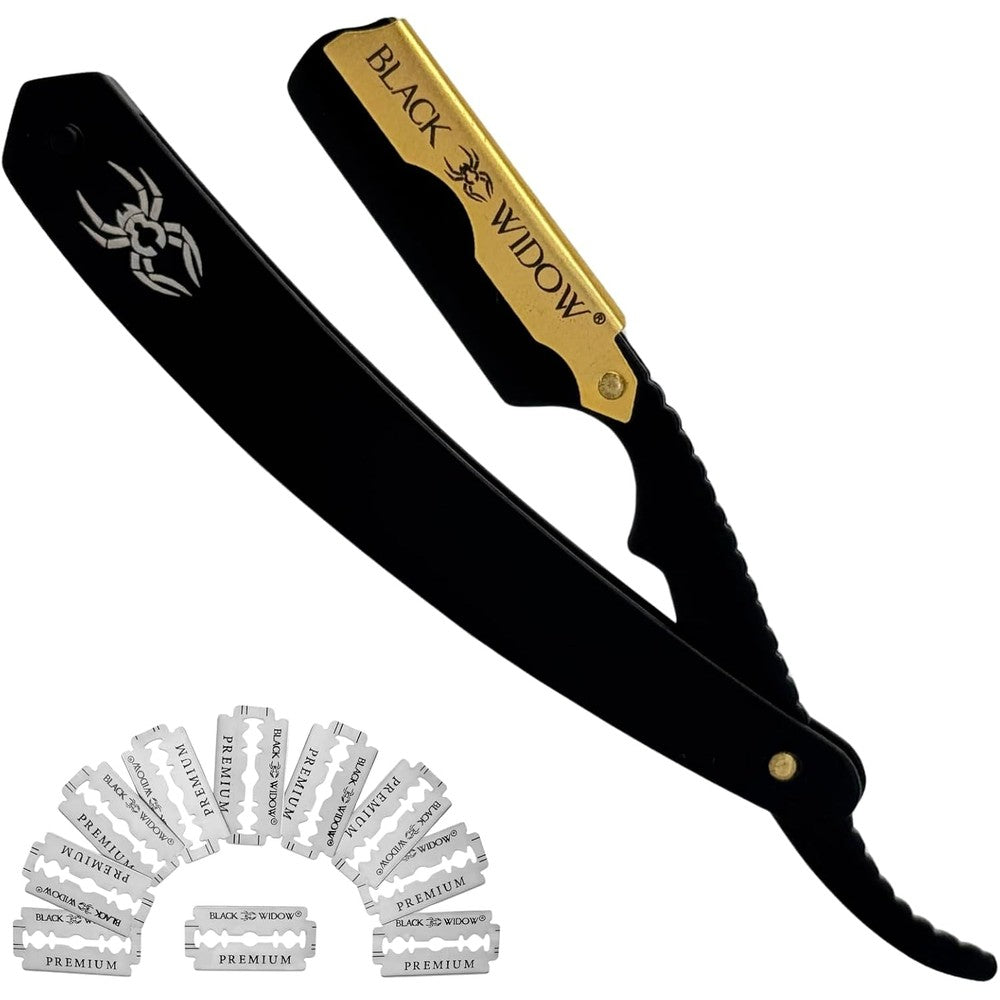 Black Widow professional straight razor front view in matte black and gold