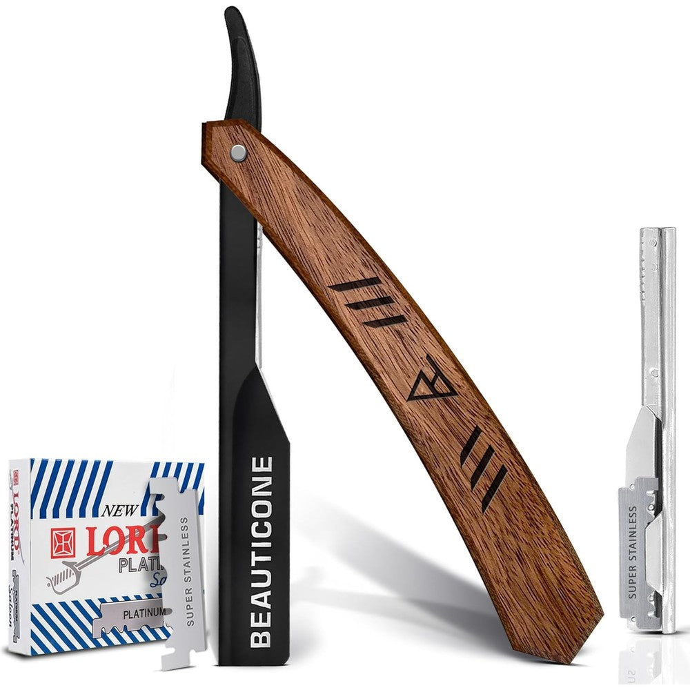 Pro Barbers Beauticone straight razor with wooden handle front view