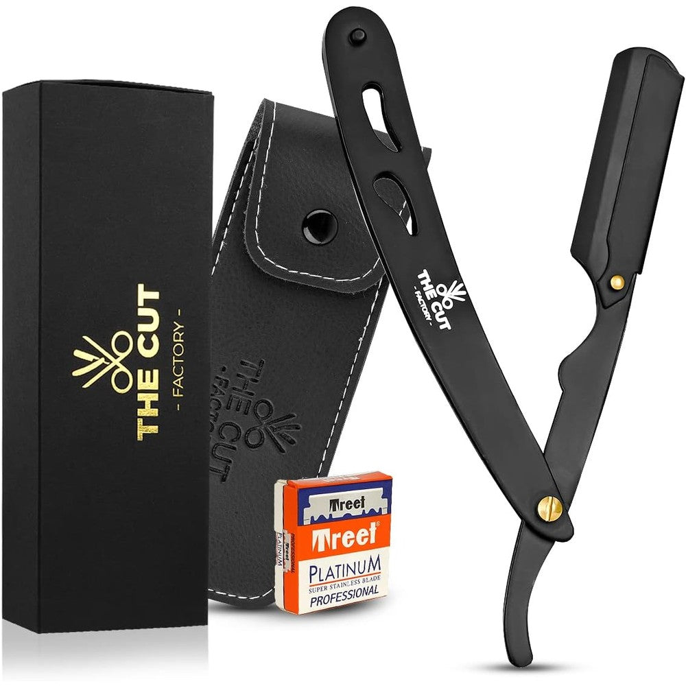 The Cut Factory professional straight razor set with leather pouch and blades
