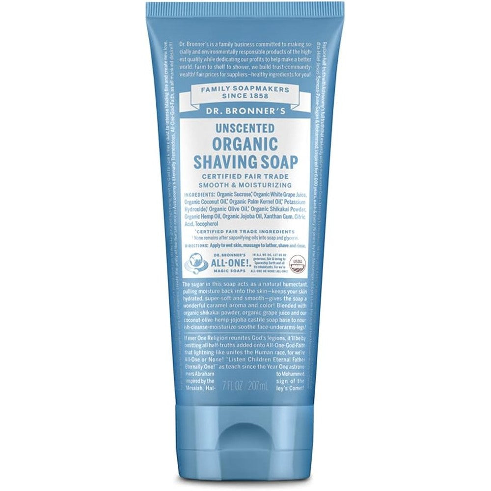 Dr. Bronner's Organic Shaving Soap Unscented 7 Ounce front view bottle for sensitive skin shaving