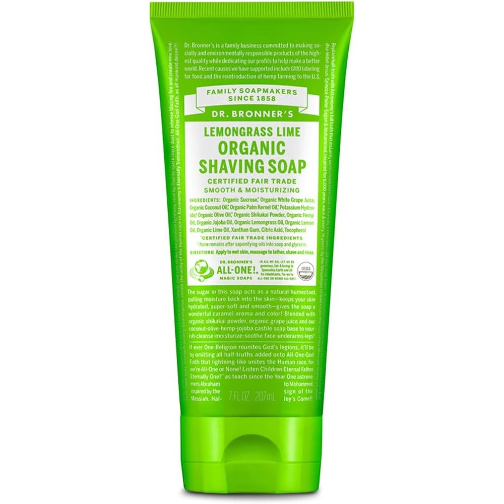 Dr. Bronner's Organic Shaving Soap Lemongrass Lime front view of the 7 ounce tube