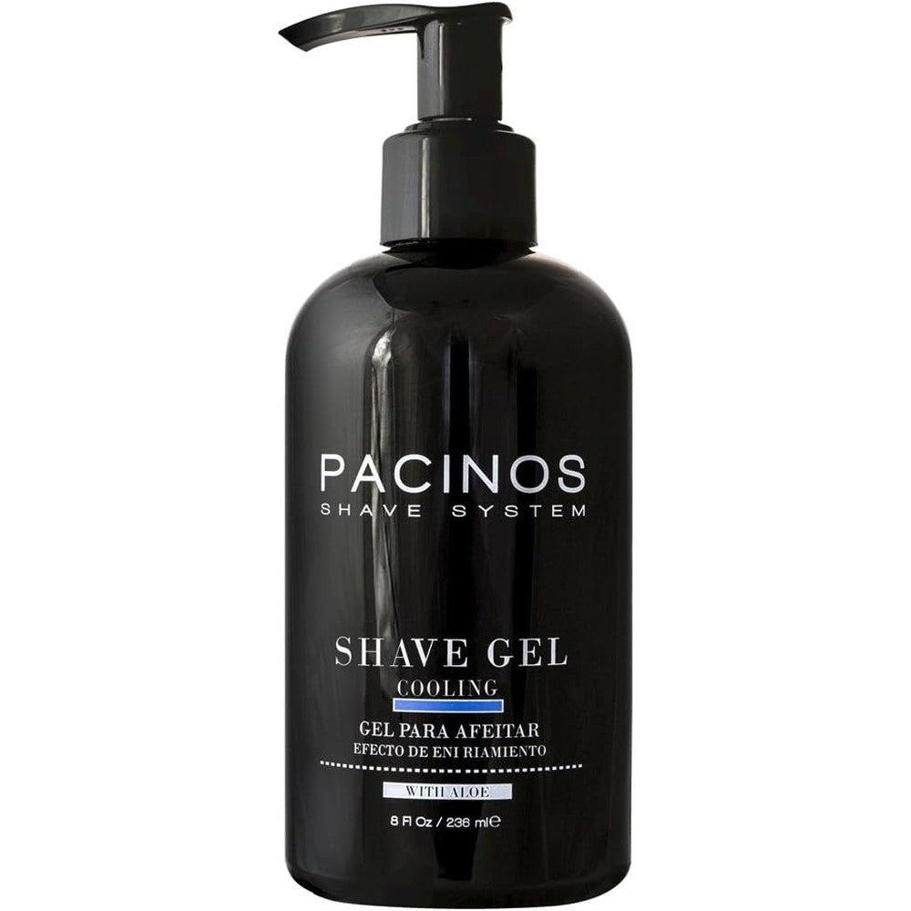 Pacinos Shave Gel clear cooling formula bottle front view for precise men's grooming