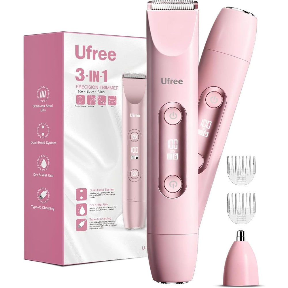 Ufree bikini trimmer women electric razor front view showing pink body and dual head design