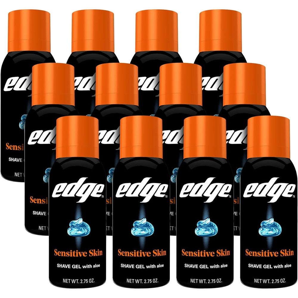 Edge Mens Sensitive Skin Shave Gel 12 Pack front view showing aloe vera packaging