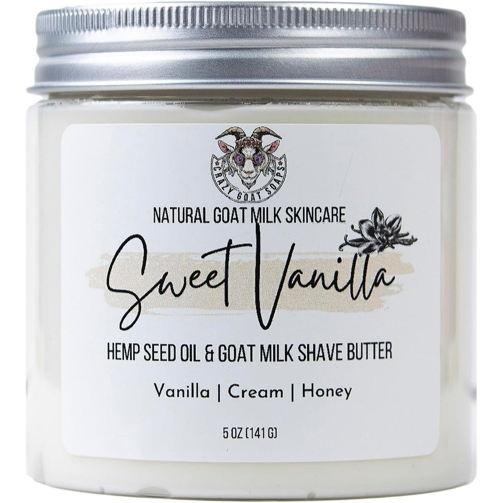 Handmade Crazy Goat Soaps Sweet Vanilla Whipped Shave Butter five ounce jar front view