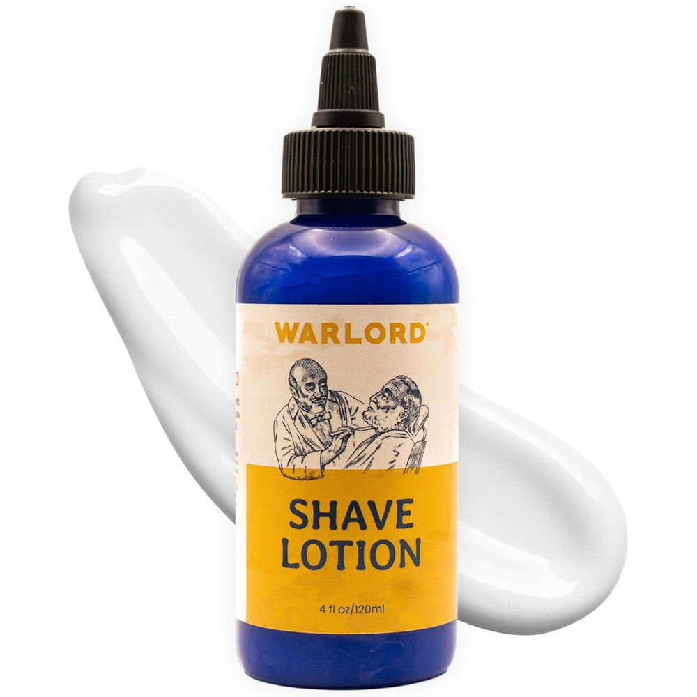 Warlord Shaving Lotion front view of four ounce bottle for precision men's grooming.
