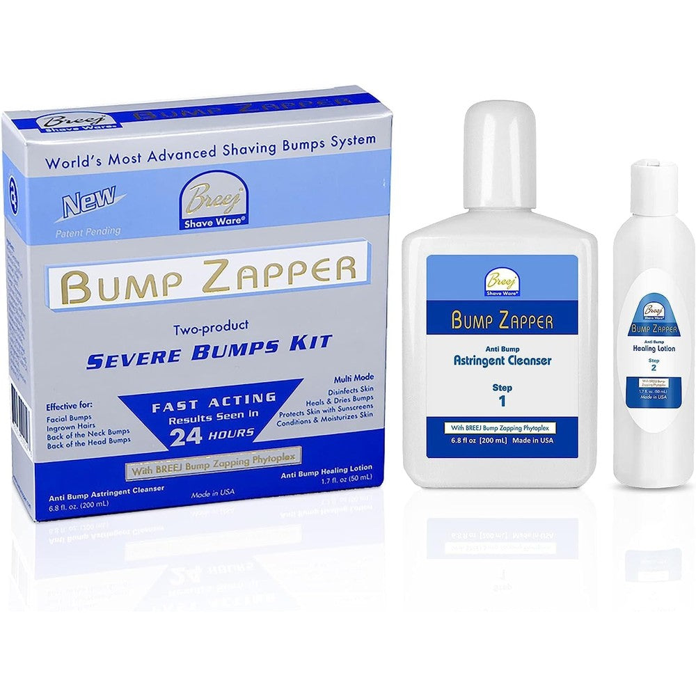 Breej Bump Zapper Severe Bumps Treatment Kit front view showing astringent cleanser and healing lotion bottles for razor bump removal