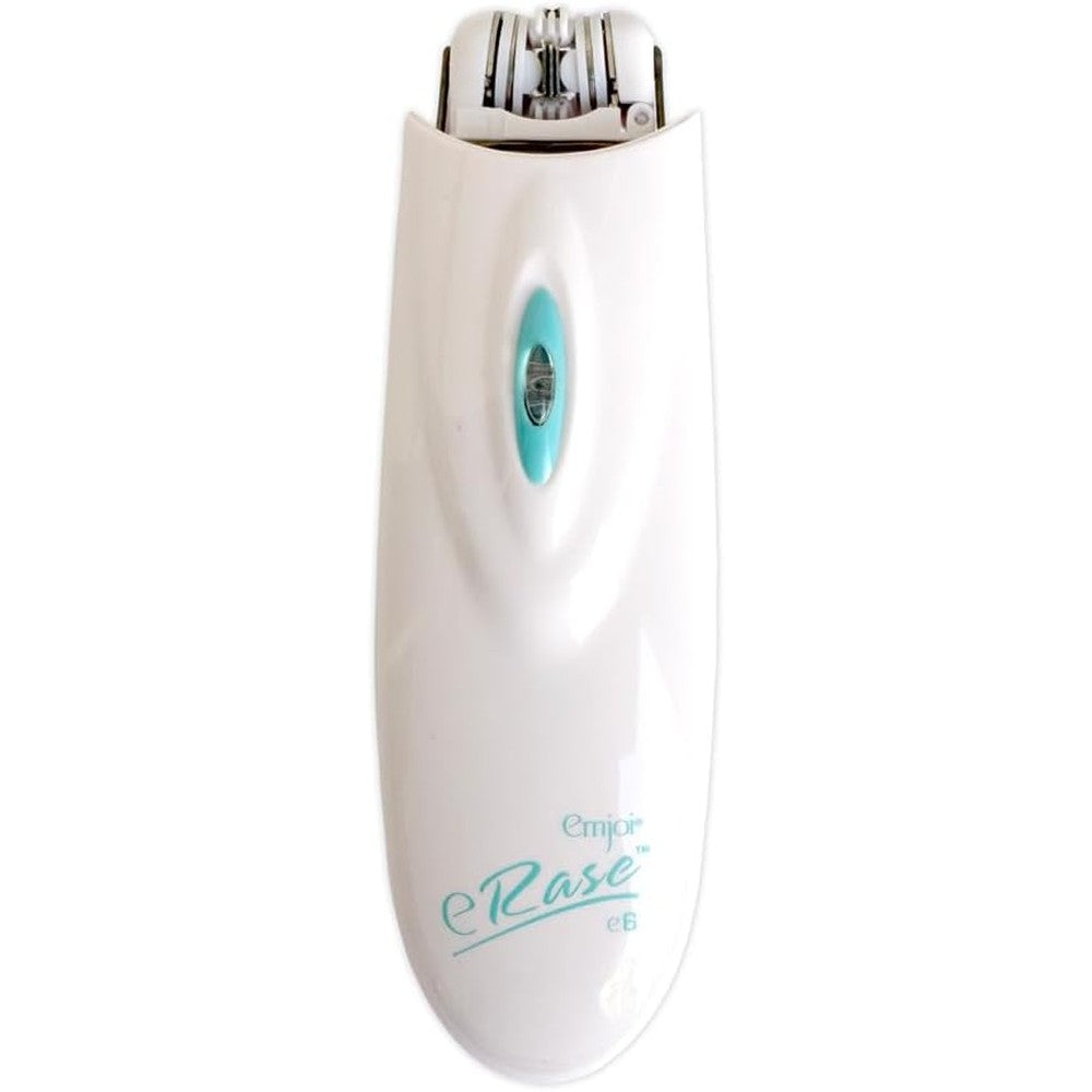 Emjoi eRase e6 facial hair remover epilator front view showing the compact white body and precision tweezer head.
