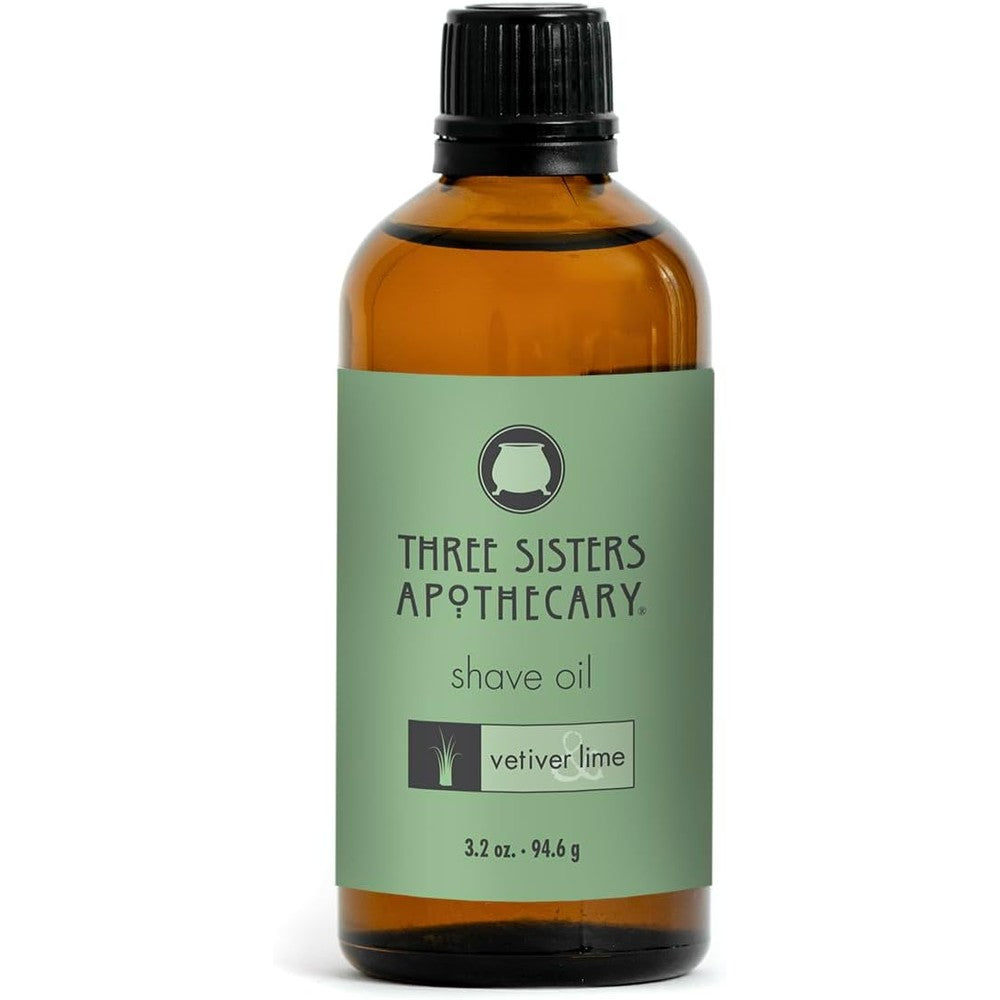 Three Sisters Apothecary Vetiver and Lime Shave Oil bottle front view for premium grooming.