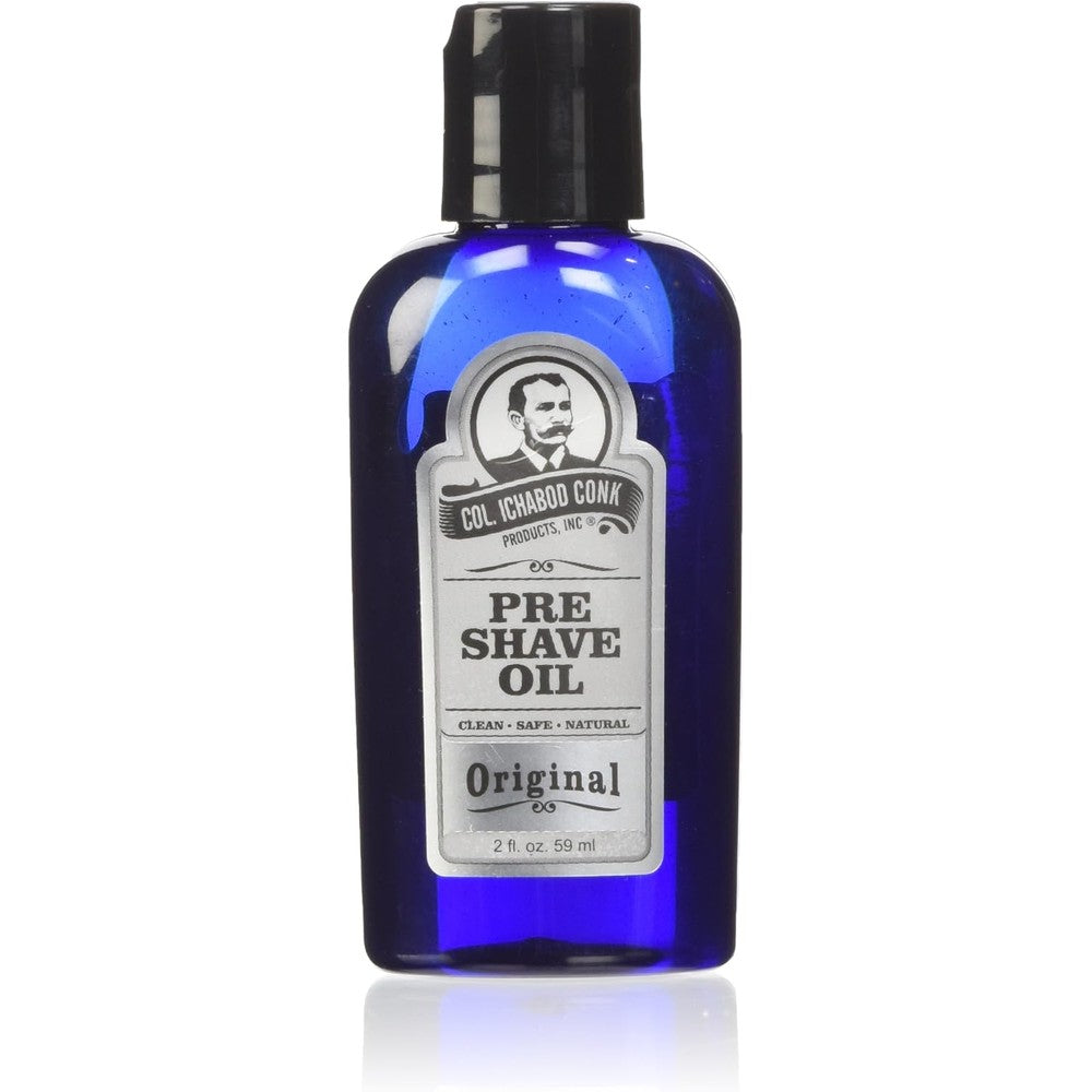 Colonel Conk Natural Pre Shave Oil 2 Fluid Ounce blue bottle front view for premium men grooming
