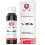 Baynik Organic Pre Shave Oil front view of the two fluid ounce bottle showing the clean unscented label formulation.