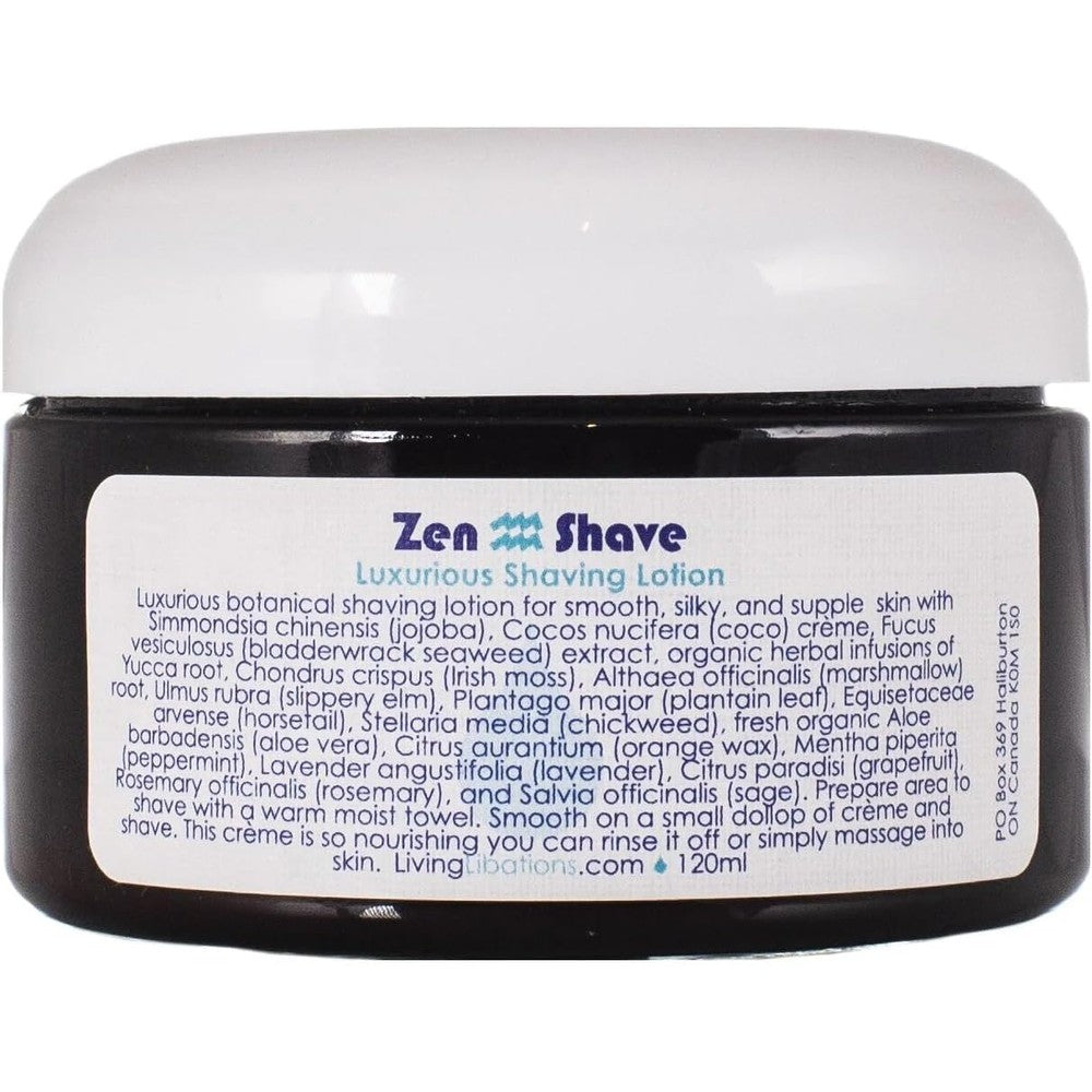 Living Libations Organic Zen Shave Lotion four ounce glass jar front view showing botanical clean beauty labeling