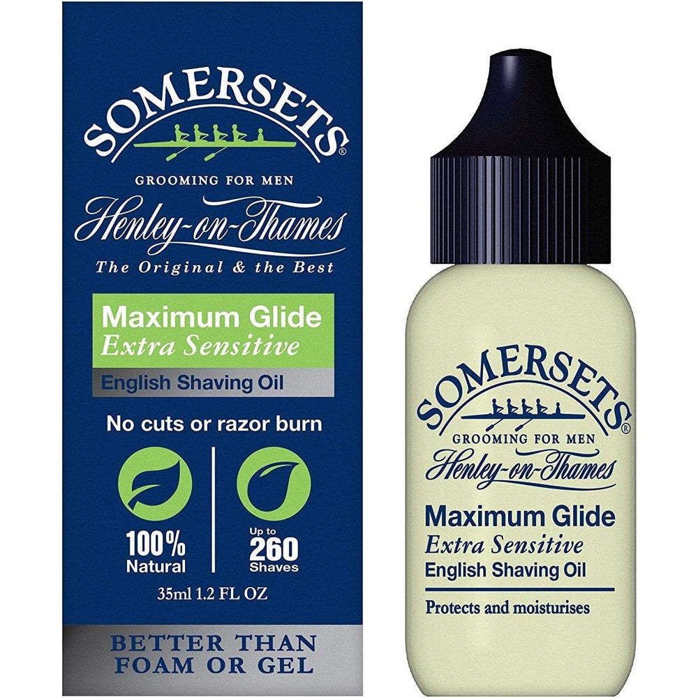 Somersets Extra Sensitive English Shaving Oil twin pack front view showing premium packaging