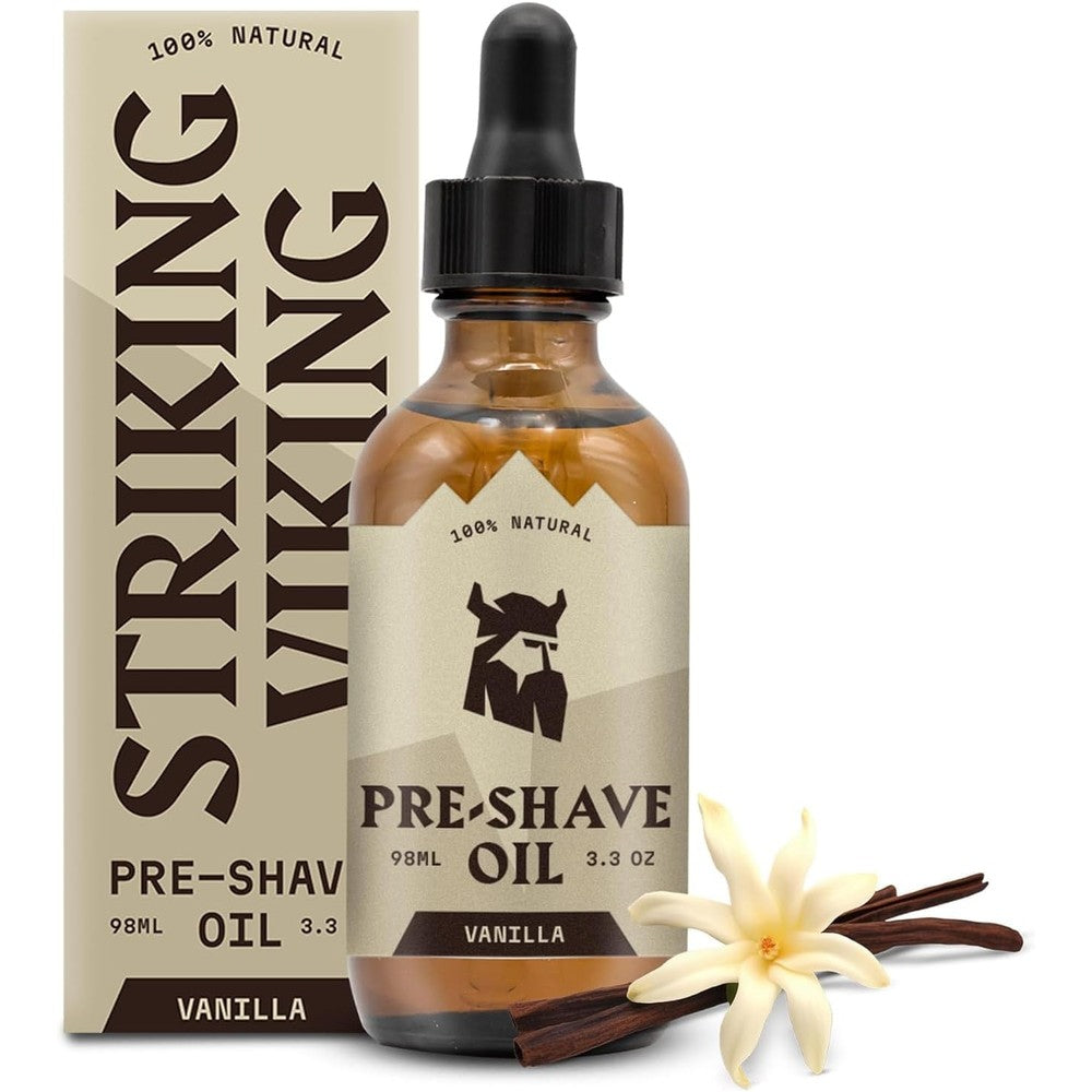 Striking Viking Pre Shave Oil Men Vanilla front view bottle with dropper