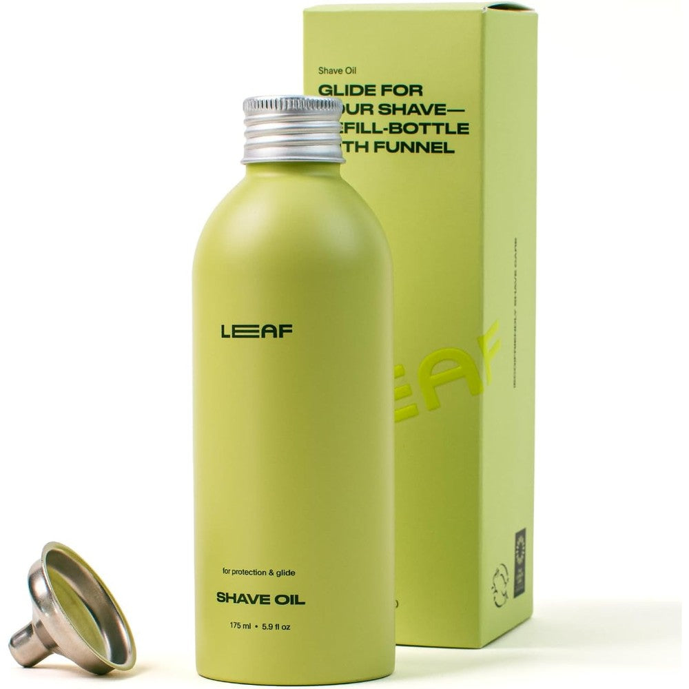 Leaf Shave Pre and Post Shave Oil Refill bottle with metal funnel front view
