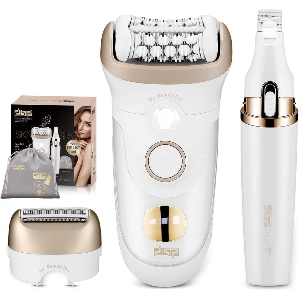 DSP 4 in 1 women beauty set hair removal device front view showing white and gold design