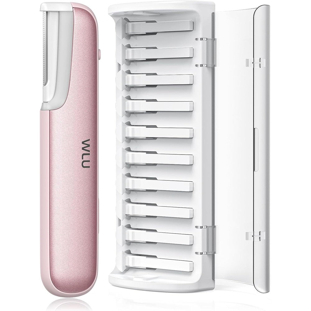 WLU sonic dermaplaning tool front view in light pink showing sleek handle