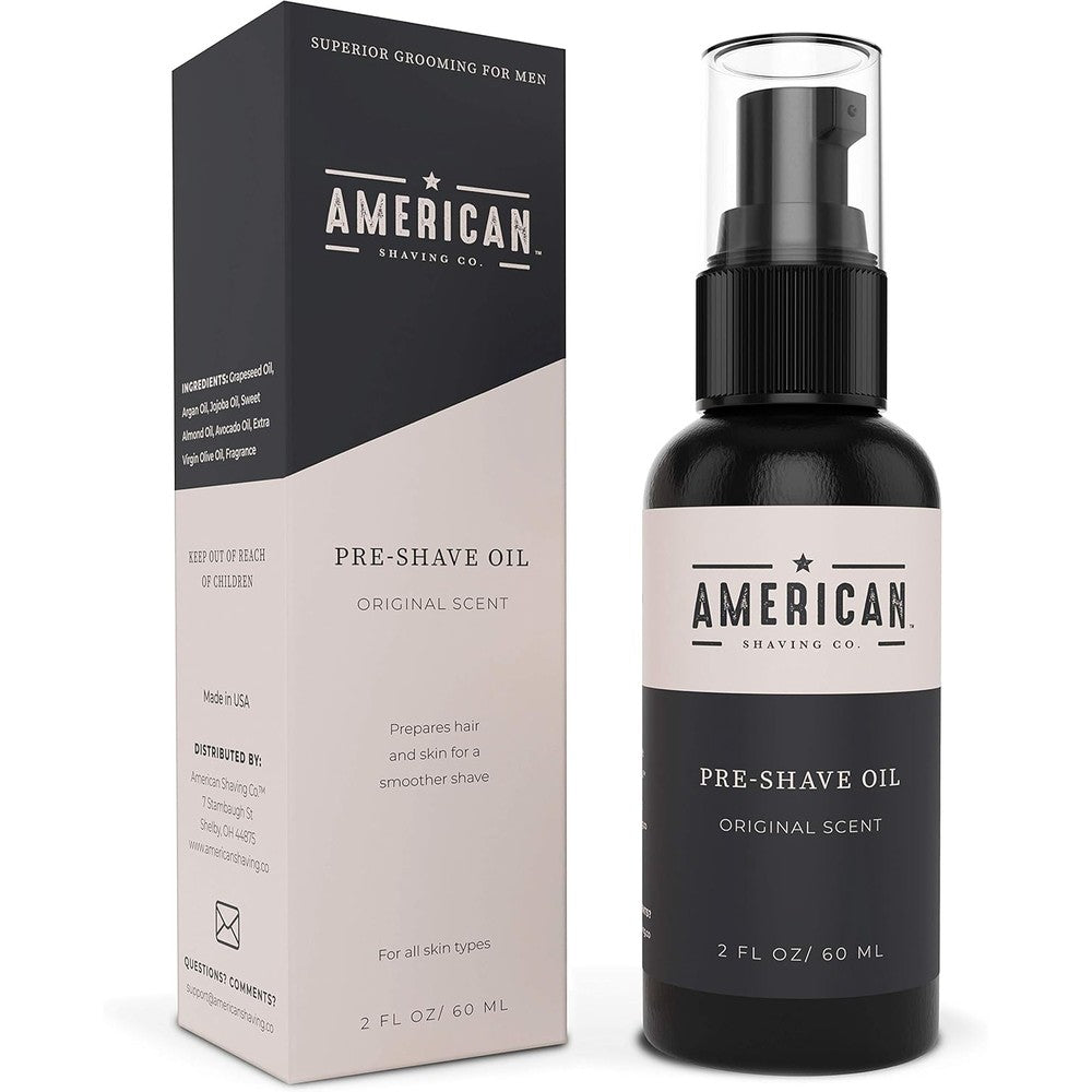 American Shaving Co. Pre-Shave Oil front view of the two ounce pump bottle on a clean background.