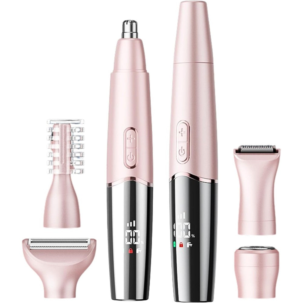 RFSCDI 5-in-1 rechargeable nose and facial hair trimmer front view showing the Sakura pink body and digital LED battery display screen.