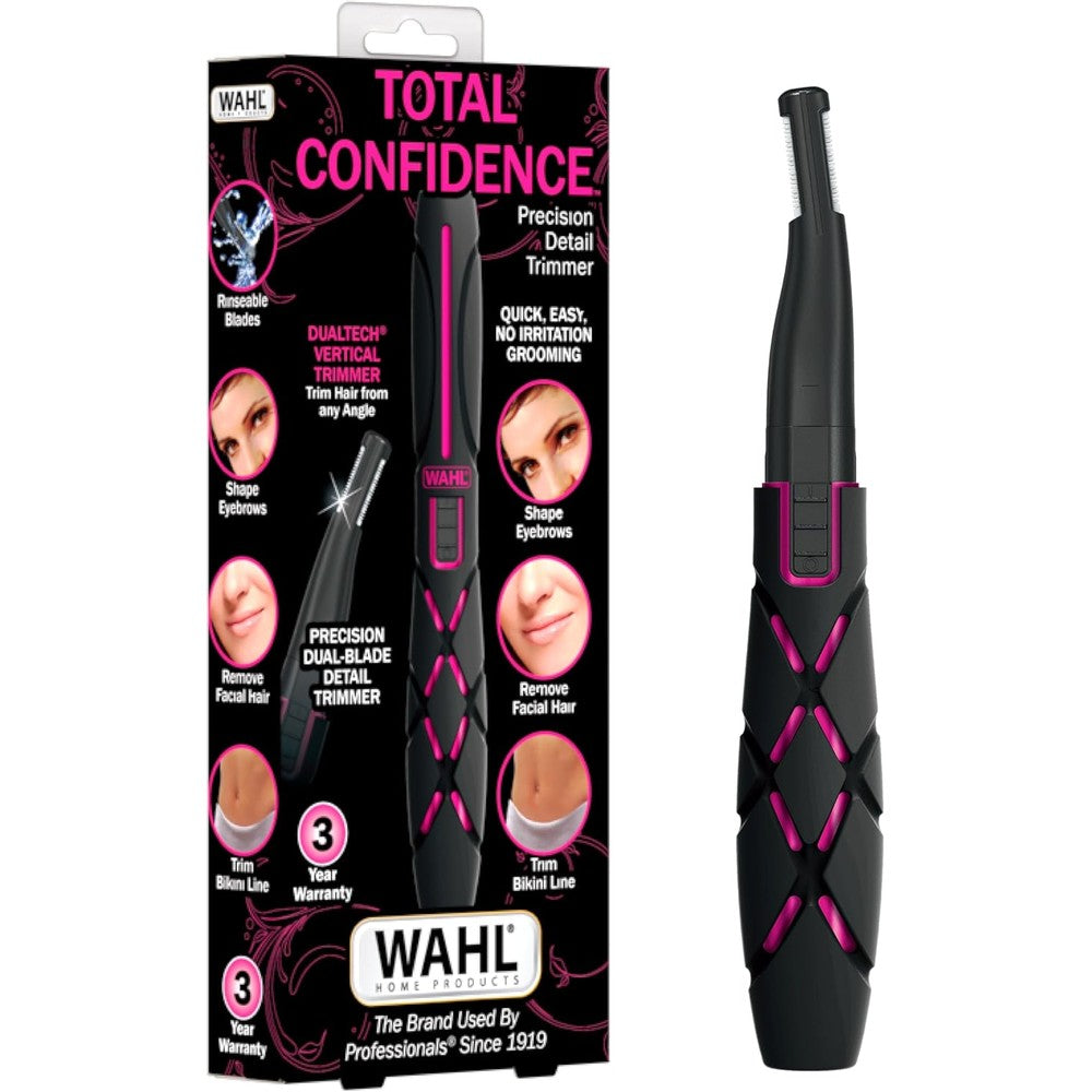 Wahl DualTech battery powered hair trimmer for women front view showcasing the sleek ergonomic design and double sided detail head.