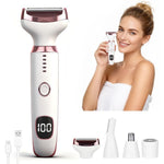 Beanify four in one electric razor front view showcasing rose gold details and digital LED battery display screen