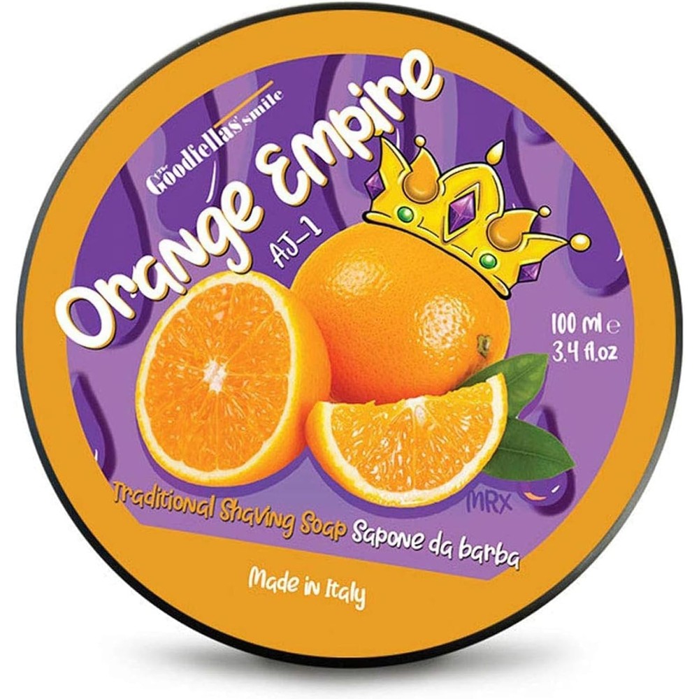 The Goodfellas' Smile Orange Empire luxury shaving soap tub front view