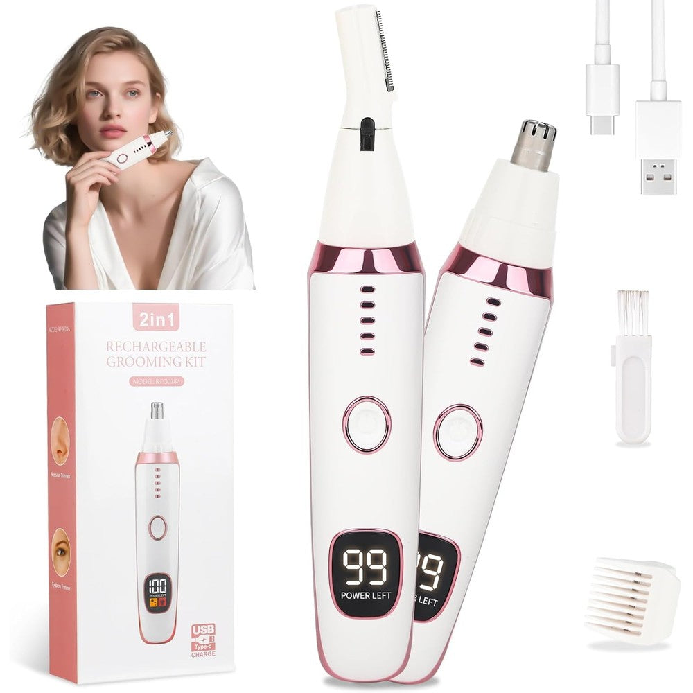 Mendaping 2 in 1 nose and ear hair trimmer front view showcasing the digital battery display.