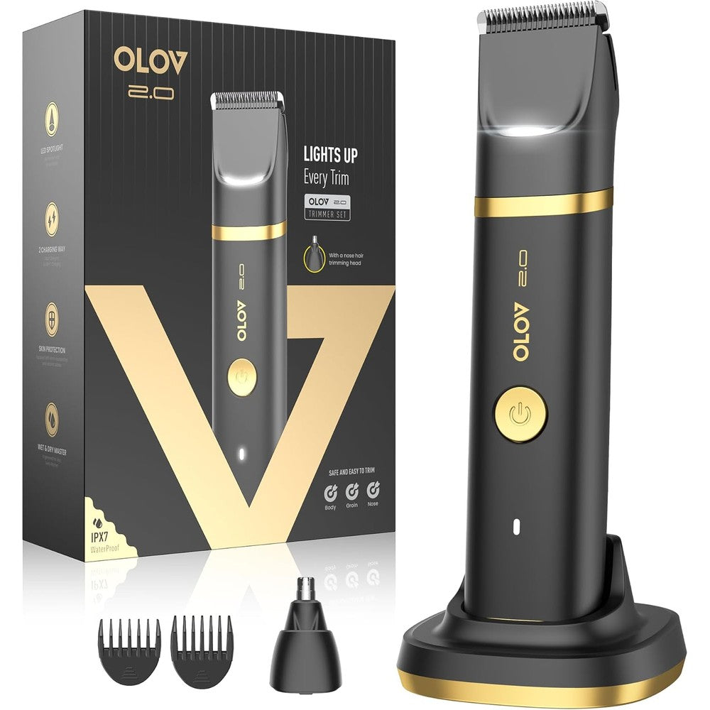 OLOV 2.0 groin and body hair trimmer front view showing the premium black and gold premium design