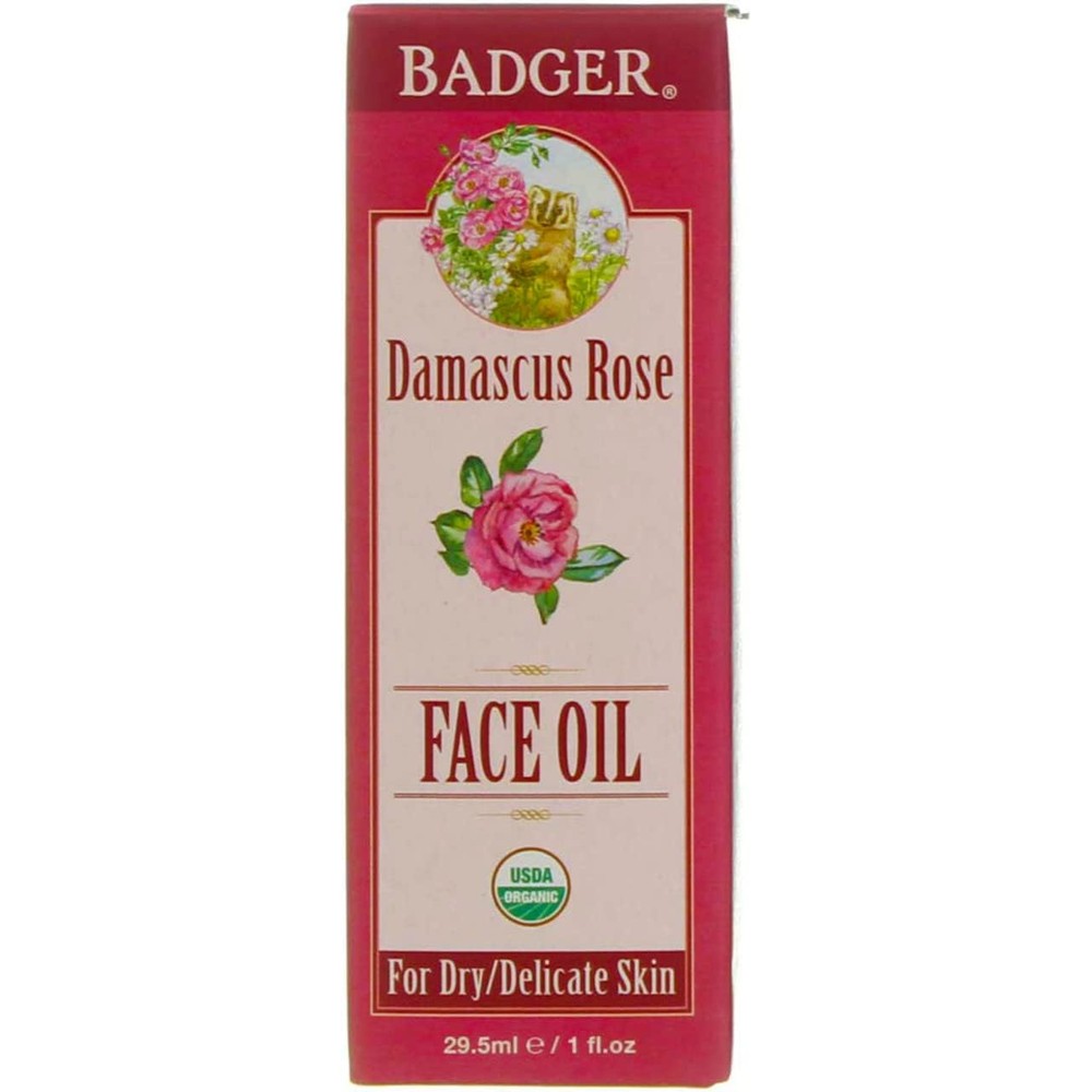 Badger Damascus Rose Face Oil front view of the certified organic glass bottle for dry skin