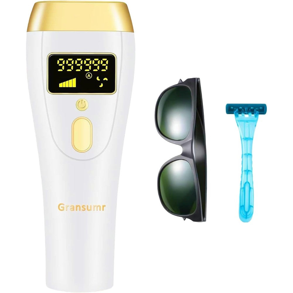 Gransumr IPL hair removal device front view with digital display and premium white and gold finish.