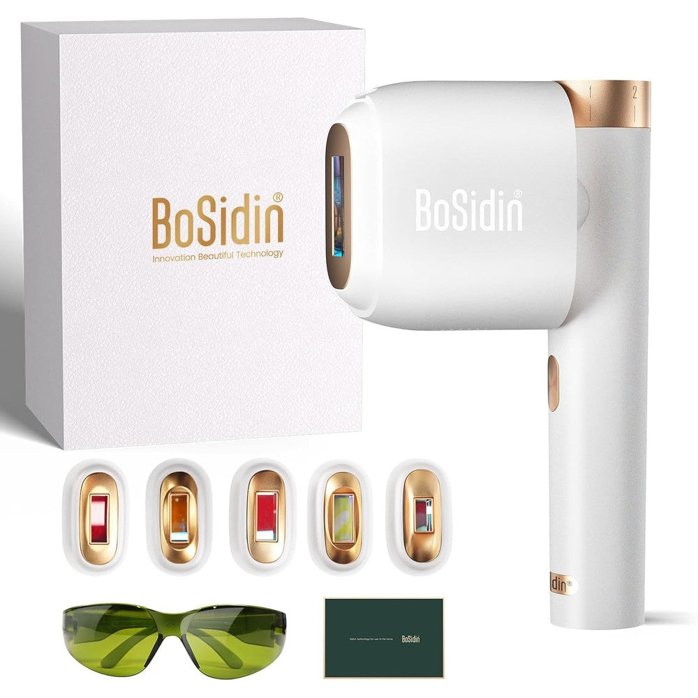 BoSidin IPL hair removal device front view with attachments