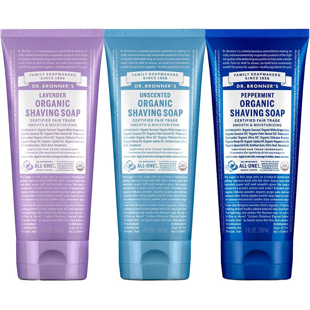 Dr. Bronner's Organic Shaving Soap Variety Pack front view showing lavender baby unscented and peppermint bottles