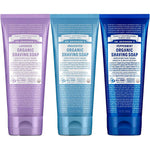 Dr. Bronner's Organic Shaving Soap Variety Pack front view showing lavender baby unscented and peppermint bottles