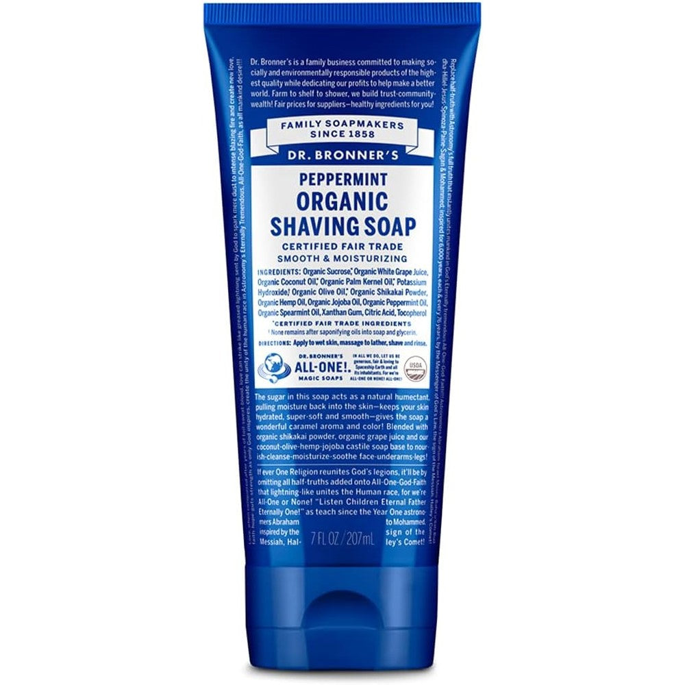 Dr. Bronner's Organic Shaving Soap Peppermint front view bottle on a white background