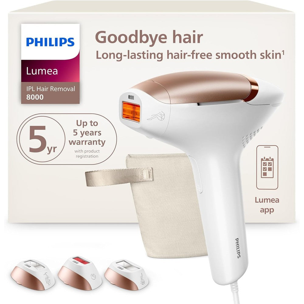 Philips Lumea 8000 Series IPL hair removal device with attachments