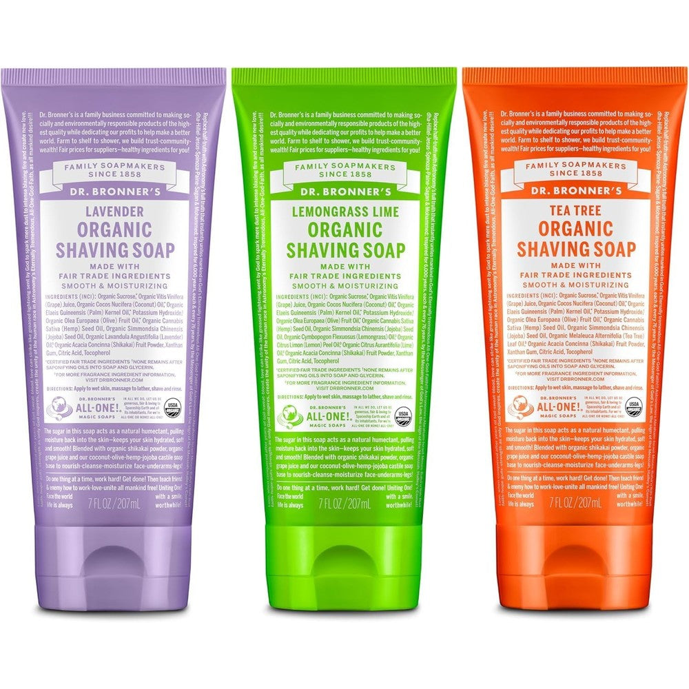 Dr. Bronner's Organic Shaving Soap 3 Pack Variety front view displaying lavender tea tree and lemongrass tubes