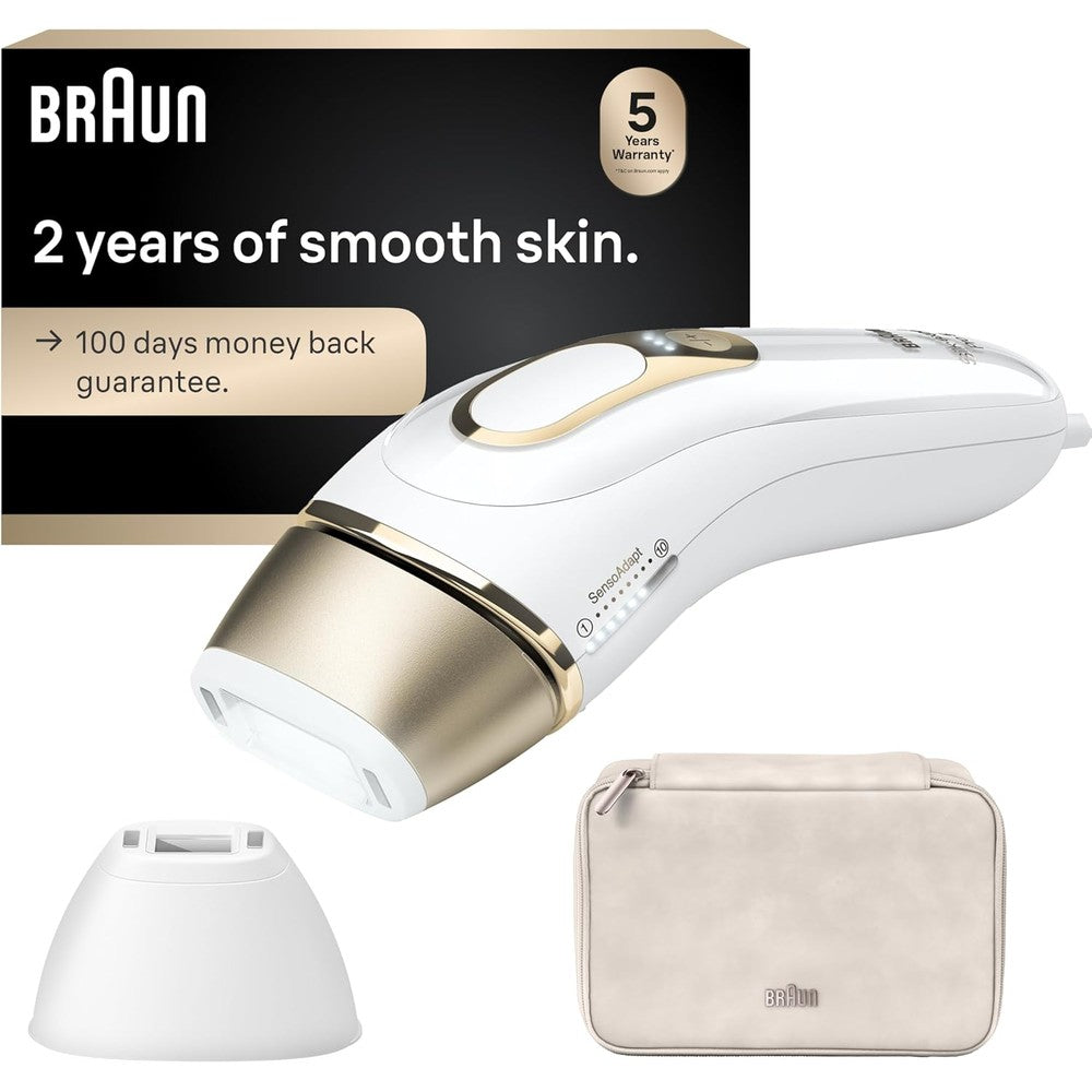 Braun Silk Expert Pro 5 IPL hair removal device front view showing premium gold and white design