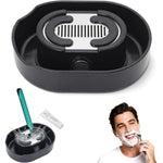 Generic men shaving razor rinser cleaner front view showing the black manual push platform.