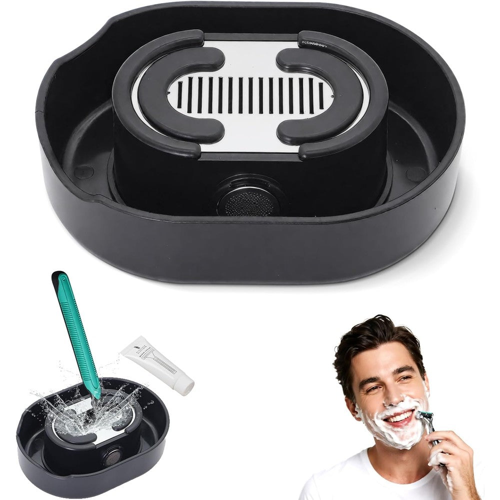 Generic men shaving razor rinser cleaner front view showing the black manual push platform.