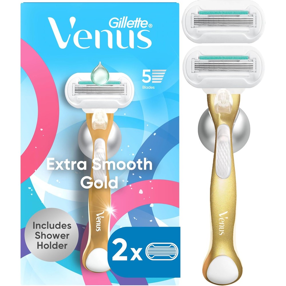 Gillette Venus Extra Smooth Sensitive Gold razor handle with refills front view