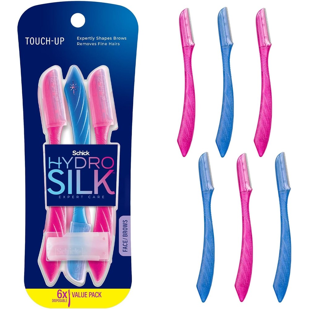 Schick Hydro Silk Touch Up Dermaplaning Tool front view showing the six count package